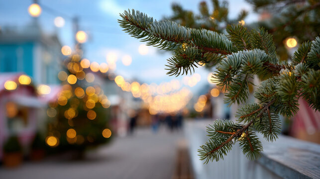 Lights brighten winter market. Frosty evergreen branches are in focus as soft lights illuminate a bustling winter market in the background during dusk.