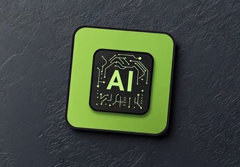 A stylized green microchip icon with "AI" and circuit patterns on a dark stone background