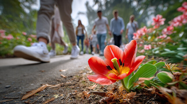 Colorful flower blooms as people walk by. Bright red flower stands out while people stroll along a garden path filled with blooming plants on a sunny day.