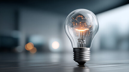 Circuit-designed light bulb. A sleek light bulb with a modern design shines brightly, showcasing innovation in an indoor setting.