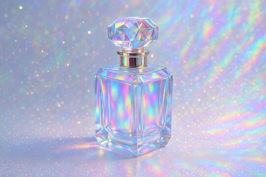 Iridescent perfume bottle with fantasy design on sparkling background. concept of luxury fragrance, elegant packaging, dreamlike aesthetics