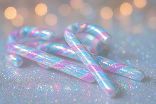 Glowing holographic candy canes on sparkling surface for festive holiday decor. concept of colorful christmas decoration, sweet treats, celebration