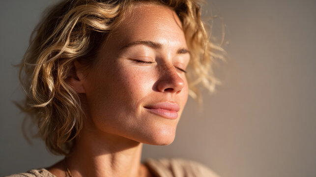 Woman relaxing in the sun. A woman with curly hair relaxes in soft sunlight, eyes closed and face peaceful, enjoying a moment of tranquility.