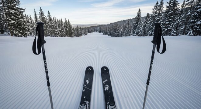 Skiing down pristine snowy slope with pine trees in winter landscape. concept of winter sport, outdoor adventure, scenic nature - Powered by Adobe