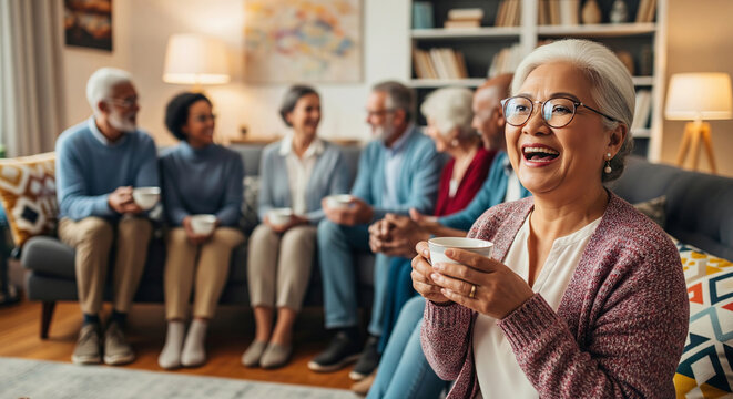 Elderly asian woman enjoying coffee with friends in cozy living room setting. concept of friendship, social gathering, warm atmosphere
