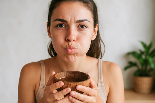 Young woman practicing coconut oil pulling with a wooden bowl at home, focusing on oral health and natural dental care. concept of traditional wellness routine, holistic health, detoxification.