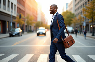 Happy African American businessman walks city street. Man smiles, crosses urban road with brown bag, earbuds. Pro male goes to work in warm sun. Modern person enjoys daily commute in downtown. Young