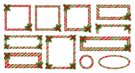 Christmas Candy Cane Frames and Borders with Holly Berries and Green Leaves graphic design isolated on a transparent background