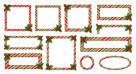 Christmas Candy Cane Frames and Borders with Holly Berries and Green Leaves graphic design isolated on a transparent background