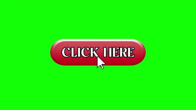 Animated red click here button with mouse cursor pressing on green screen