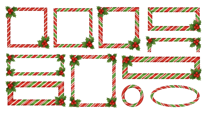 Christmas Candy Cane Frames and Borders with Holly Berries and Green Leaves graphic design isolated on a transparent background