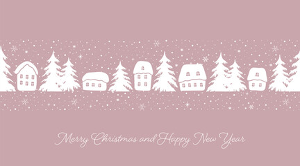 Naklejka premium Christmas Seamless Border. Banner. Winter Village. White Silhouettes of Houses, Trees. Snow. Snowflakes. Greeting Card, Invitation Template. Paper Cut Stencil. Vector Image on Pink Background.