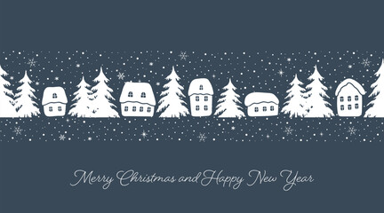 Naklejka premium Christmas Seamless Border. Banner. Winter Village. White Silhouettes of Houses, Trees. Snow. Snowflakes. Greeting Card, Invitation Template. Paper Cut Stencil. Vector Image on Dark Blue Background.