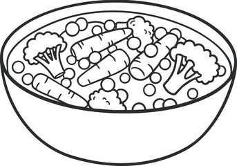 Outline vector illustration of a bowl filled with fresh vegetables including carrots and broccoli for healthy meal design