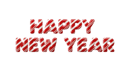 Happy New Year Text In Red And White Candy Cane Stripes On Black Background lettering isolated on a transparent background