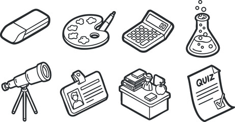 Collection of vector icons representing educational tools including a telescope, calculator, art palette, and quiz sheet for academic themes