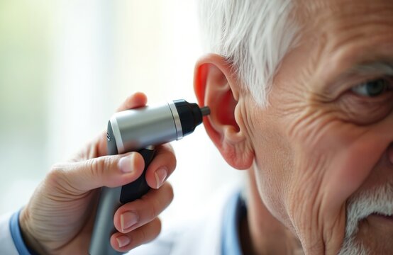 Doctor examines elderly man ear with otoscope for hearing problem. Medical specialist checks patient hearing loss with diagnostic tool in clinic. Healthcare pro performs ear exam.