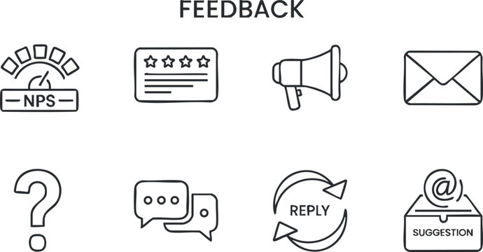 Modern outline vector icon set for feedback concepts including NPS, surveys, comments, and communication elements.