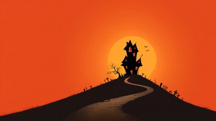 Spooky Halloween scene with haunted house on hill at sunset with bats flying