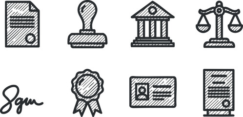 Naklejka premium Hand-drawn vector icon set featuring legal and administrative symbols such as documents, stamps, and scales for design projects