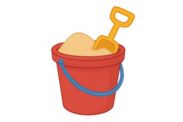 Red sand bucket filled with sand and yellow toy shovel, symbolizing beach vacation, summer fun, and childhood playtime