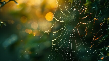 Spinnennetzes mit Tautropfen und goldenem Sonnen-Bokeh im Hintergrund der fr&uuml;hen Morgenstunden