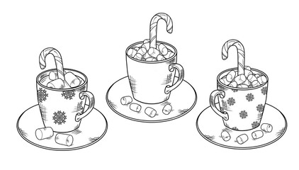 Set Christmas cups of drink and sweets candy cane. Hand drawn sketch illustration. Coloring for kids and adu lts. Black and white line art	
