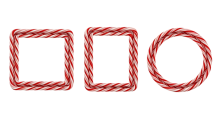 Three Candy Cane Frames Square Rectangular and Circular Shapes on Black Background border Christmas isolated on a transparent background