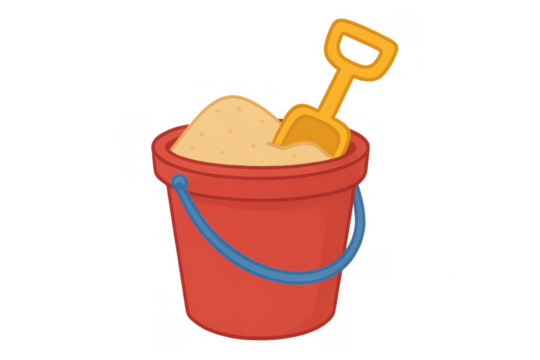 Red sand bucket filled with sand and yellow toy shovel, symbolizing beach vacation, summer fun, and childhood playtime
