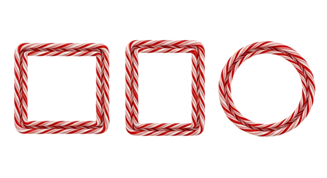 Three Candy Cane Frames Square Rectangular and Circular Shapes on Black Background border Christmas isolated on a transparent background - Powered by Adobe