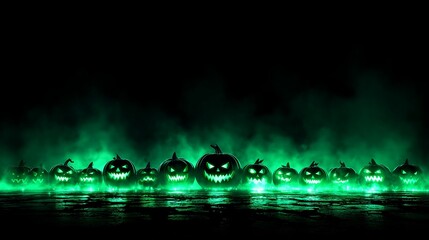 Glowing Halloween pumpkins with eerie green mist in dark, spooky atmosphere