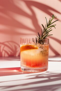 Erfrischender Sommer-Cocktail mit Farbverlauf und Orangenzeste im Riffglas &ndash; Tropische Schatten (Shadow Play) vor pinkfarbenem Hintergrund