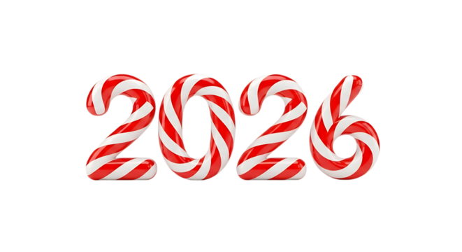Year 2026 Numbers in Candy Cane Style 3D Render Isolated on Black Background graphic design isolated on a transparent background