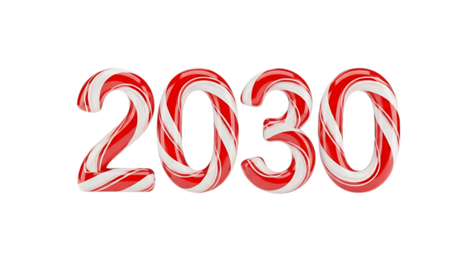 Year 2030 in Red and White Candy Cane Stripes 3D Render on Black Background new year christmas isolated on a transparent background