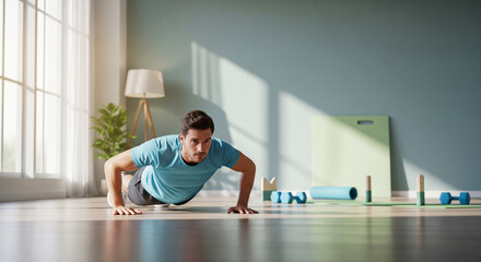 man exercising with pushups in bright home interior