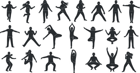 Dynamic silhouette vector illustration set of people in various dance poses and movements for fitness and lifestyle design projects