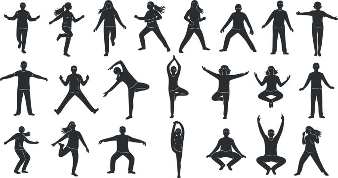 Dynamic silhouette vector illustration set of people in various dance poses and movements for fitness and lifestyle design projects