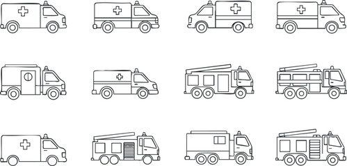 Outline vector illustration of emergency vehicles including ambulances and fire trucks for health and rescue services