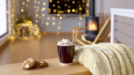 Hot chocolate and cookies in cozy winter living room