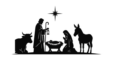 Peaceful nativity scene silhouette with Mary, Joseph, baby Jesus, and animals under a star