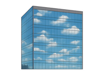 Modern corporate skyscraper featuring blue sky and white clouds reflecting on glass facade, transparent background