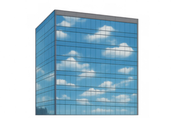 Modern corporate skyscraper featuring blue sky and white clouds reflecting on glass facade, transparent background