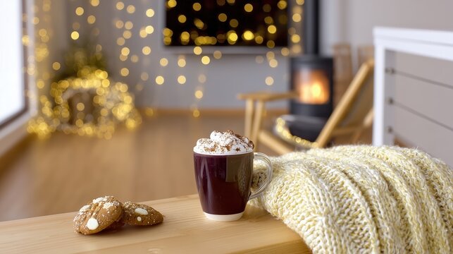Hot chocolate and cookies in cozy winter living room