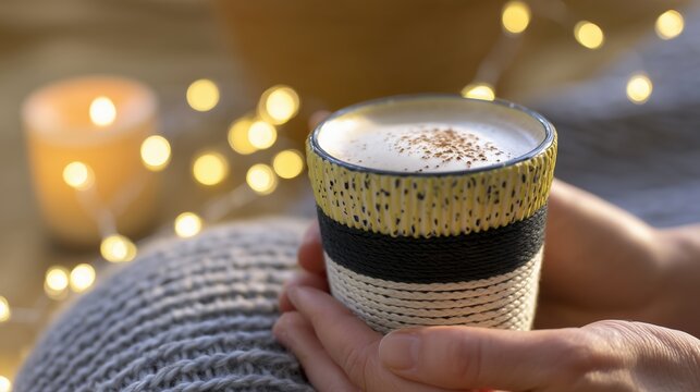 Hands holding warm coffee cup with cozy lights in background - Powered by Adobe