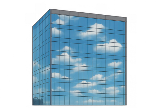 Modern corporate skyscraper featuring blue sky and white clouds reflecting on glass facade, transparent background