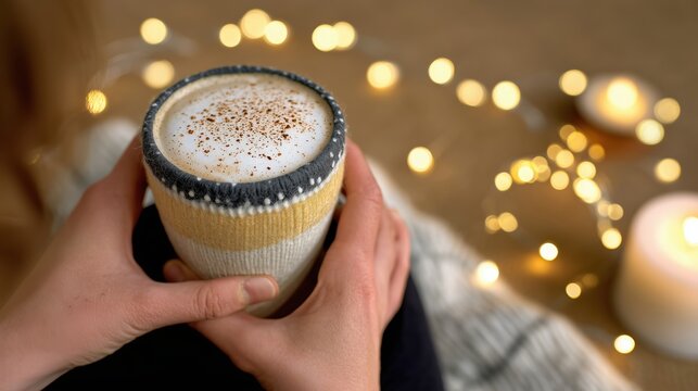 Hands holding warm coffee mug with cozy holiday lights