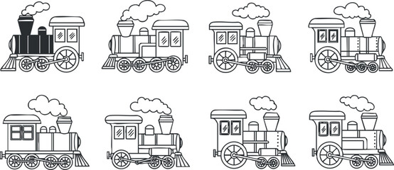 Collection of playful black and white vector illustrations of various train designs ideal for children’s projects and branding.