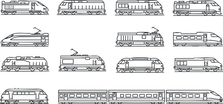Outline vector illustration collection of various train designs including locomotives and carriages for transport concepts