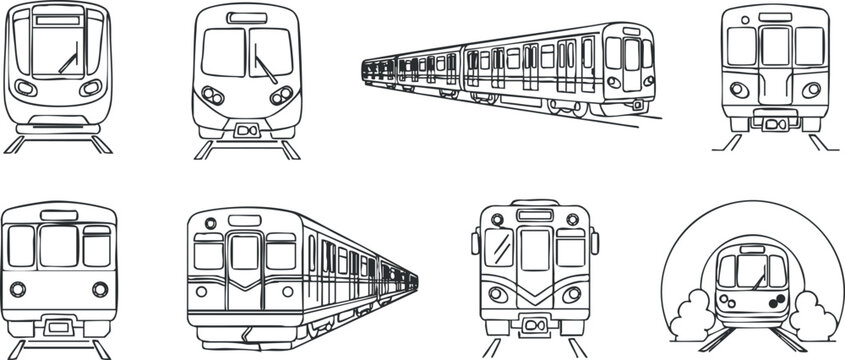 Outline vector illustration set of various train designs, suitable for transportation, urban planning, and public transit projects