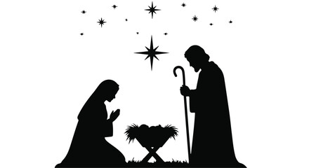 Silhouetted figures of Mary and Joseph gaze at the nativity scene under a starry sky.
